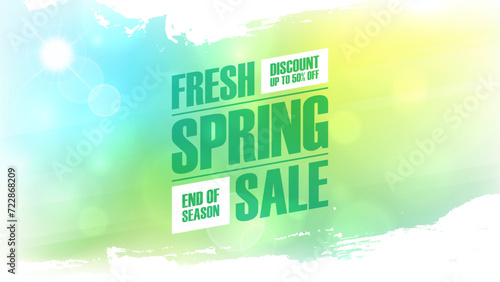 Fresh Spring Sale. Springtime season commercial background with spring sun, blurred colors and white brush strokes for business, seasonal shopping promotion and sale advertising. Vector illustration.