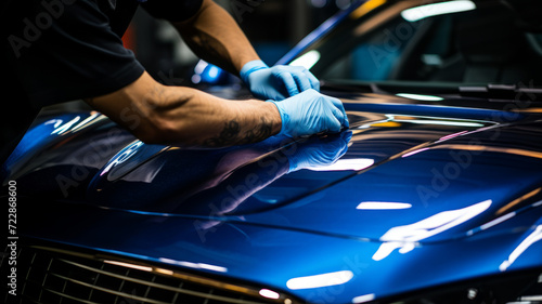 Expert hands applying glossy finish during meticulous car detailing session. © SashaMagic
