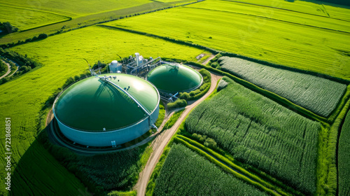 Aerial View of Biogas Plant in Lush Green Agricultural Field
