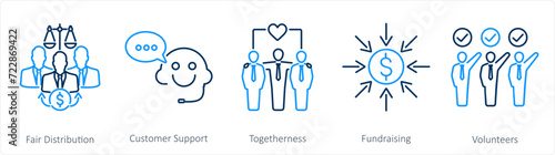 A set of 5 Charity and donation icons as fair distribution, customer support, togetherness