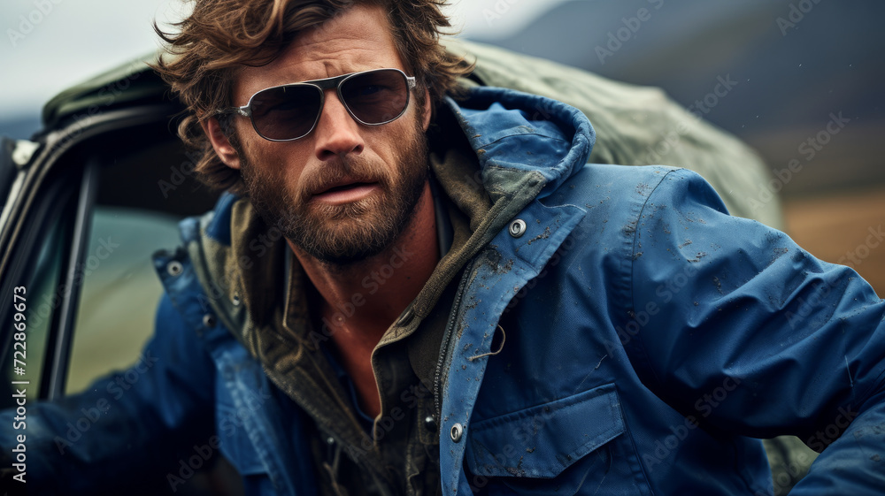 A strong man with glasses near his car. A strong man with glasses near his car.