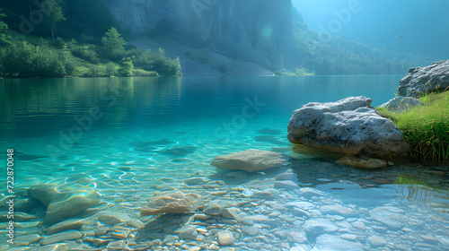 A pristine lake, with crystal-clear water as the background, during a serene summer morning