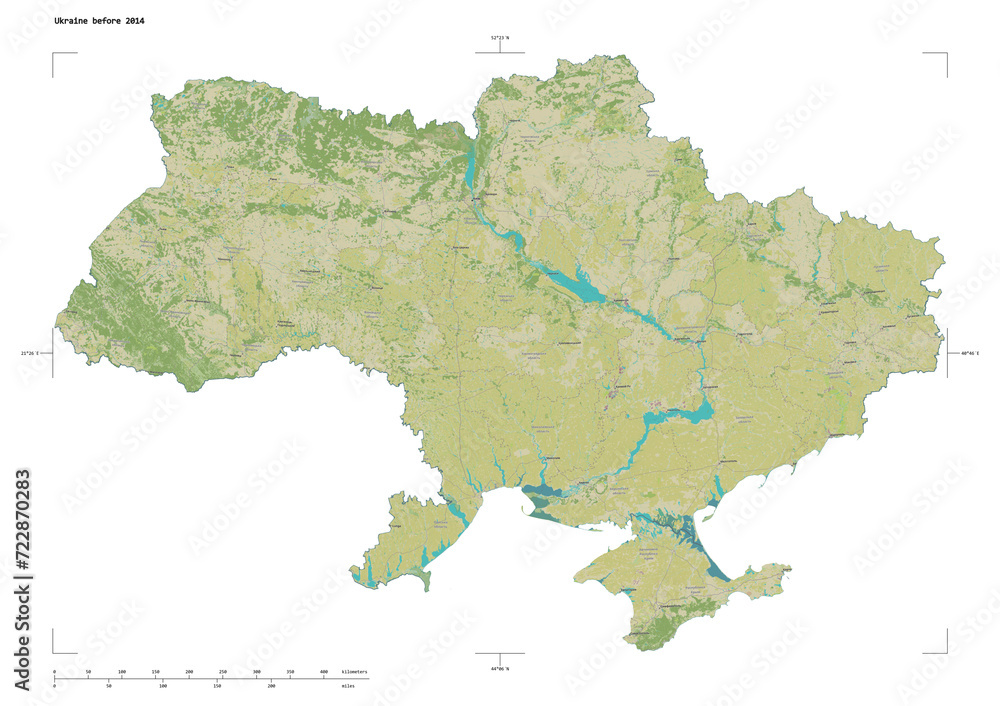 Ukraine before 2014 shape isolated on white. OSM Topographic Humanitarian style map