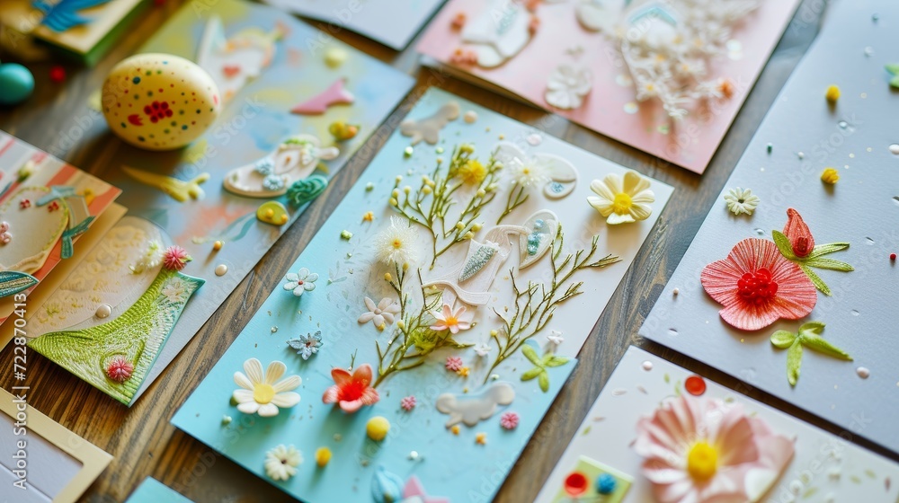 A group of colorful, handmade Easter cards spread out on a crafting table 