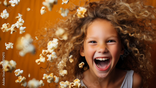 Laughing girl surrounded by popcorn