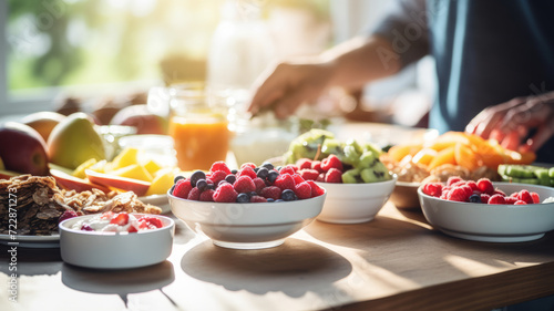 Loving hands arrange a fresh and colorful breakfast with fruits, granola, and yogurt, glowing in the soft morning light.