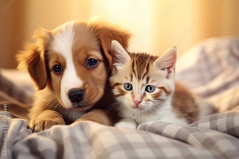 In a cozy home setting bathed in golden sunlight, a fluffy golden retriever puppy and a tiny tabby kitten share a serene moment. Their innocent gazes exude a sense of peace and companionship.