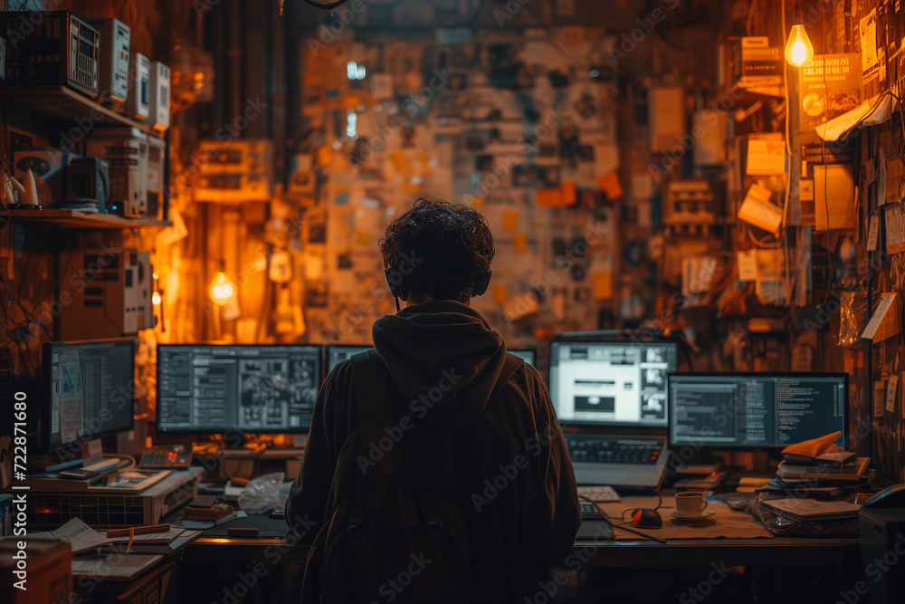 Portrait of an unrecognizable hacker performing hacks with multiple computers in a dark room. Image by cybercrime