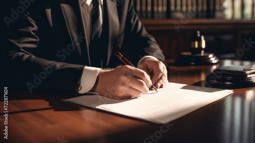 The lawyer signs the documents.
