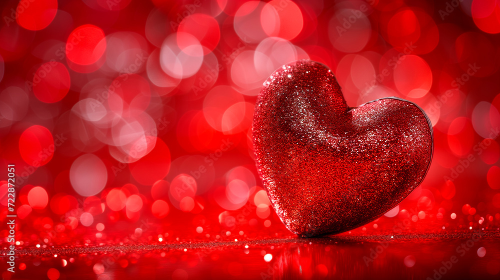 Red Heart  and bokeh lights in red background. Sweet and romantic moment. Romantic background for greeting card, banner. Concept Valentine celebration and love declaration.  	

