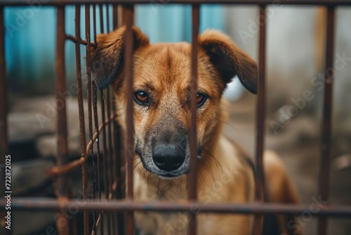 Stray homeless dog in animal shelter cage. Sad abandoned hungry dog behind old rusty grid of the cage in shelter for homeless animals. Dog adoption, rescue, help for, Generative AI  photo