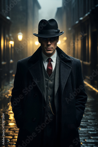Mysterious man in vintage 1920s attire with bowler hat and overcoat standing confidently in a foggy alley, evoking a noir detective atmosphere