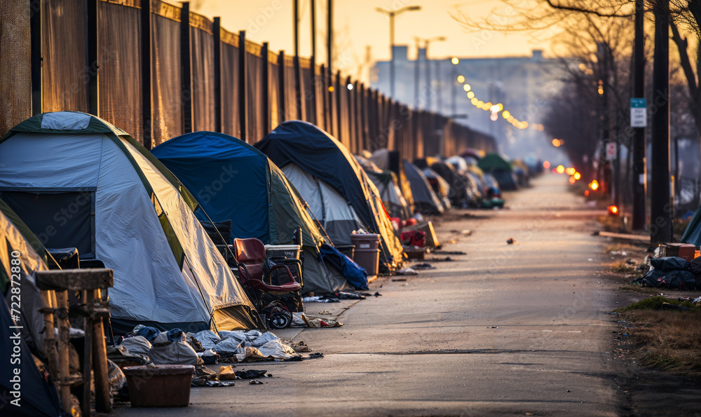 Desolate urban scene with a line of makeshift tents along a street, embodying the harsh reality of homelessness and poverty in the city's shadows - obrazy, fototapety, plakaty 
