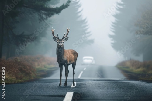 Deer standing on the road near the forest on a misty, foggy morning. Road hazards, wildlife and transport, Generative AI 