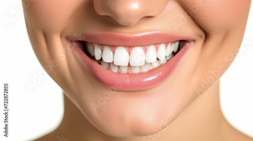 Perfect healthy teeth smile of a woman isolated on a white background.