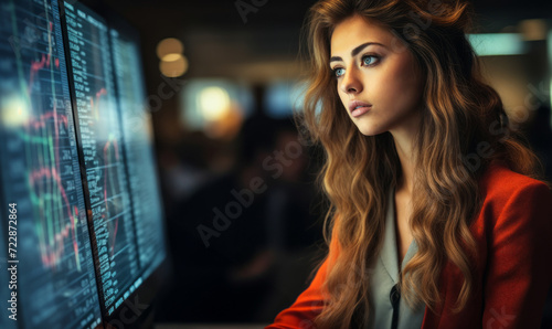 Professional Young Woman Analyzing Data on Large Screen with Pen in a Corporate Office Environment.