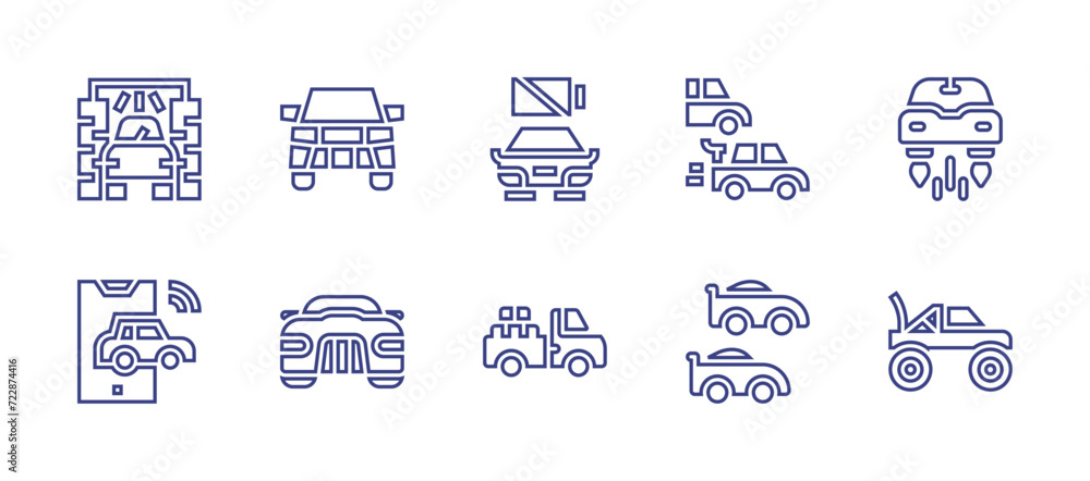 Car line icon set. Editable stroke. Vector illustration. Containing car, race car, car wash, electric car, flying car, racing car, autonomous car, pickup car, car toy.