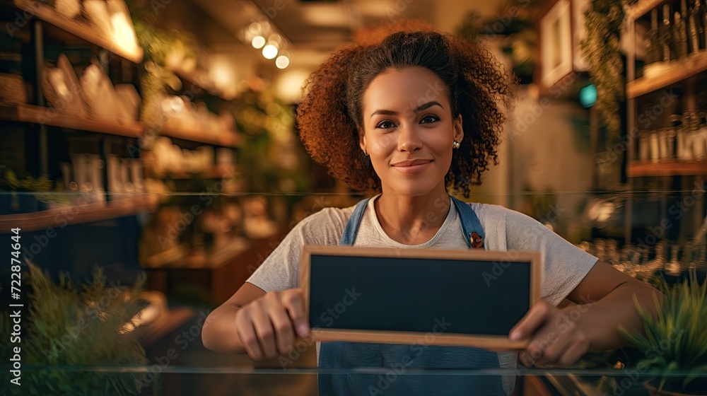 Female small business owner smiling and holding blank sign