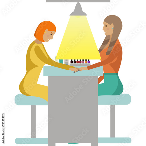 Woman client getting manicure procedure at beauty salon vector icon isolated on white