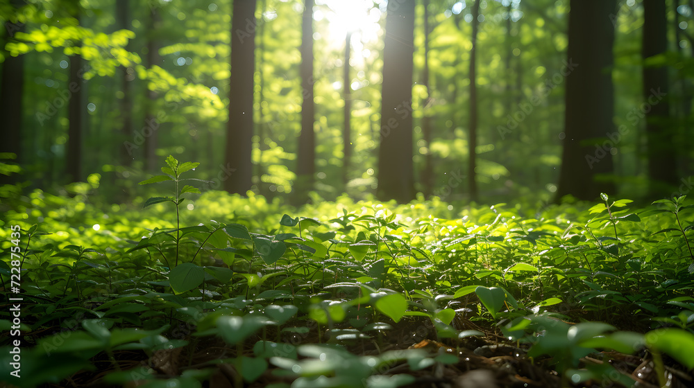 Fototapeta premium A lush forest, with vibrant greenery as the background, during a sun-dappled summer afternoon
