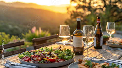 Fresh vegetable salad in a plate with dipping sauces, fresh vegetables, tomatoes, broccoli, fruits and wine bottle on wooden desk outdoor garden, Conceptual of family healthy, generative, AI