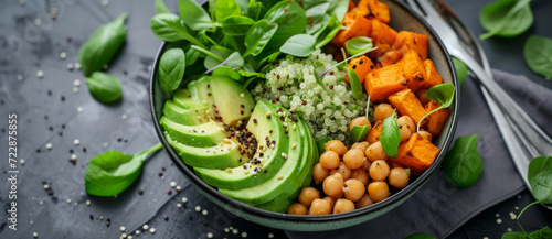 A vibrant, nutritious bowl of quinoa, roasted sweet potatoes, chickpeas, and sliced avocado, garnished with fresh basil