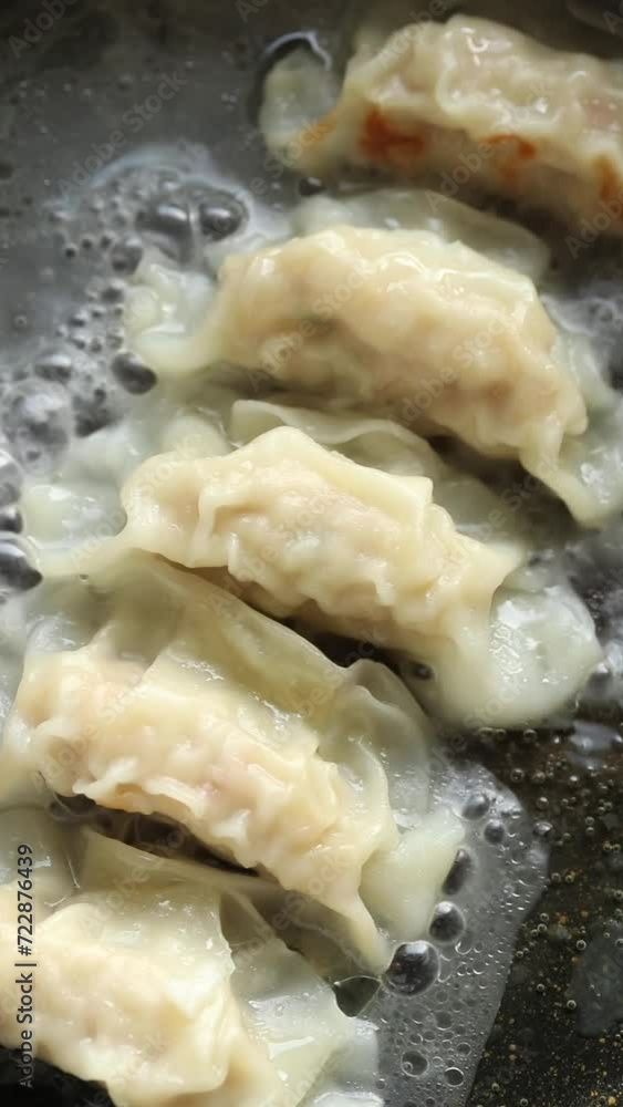 Top view of cooking fried japanese dumplings or gyoza in Boiling Water. Top view of cooking fried japanese dumplings or gyoza in Boiling Water.
