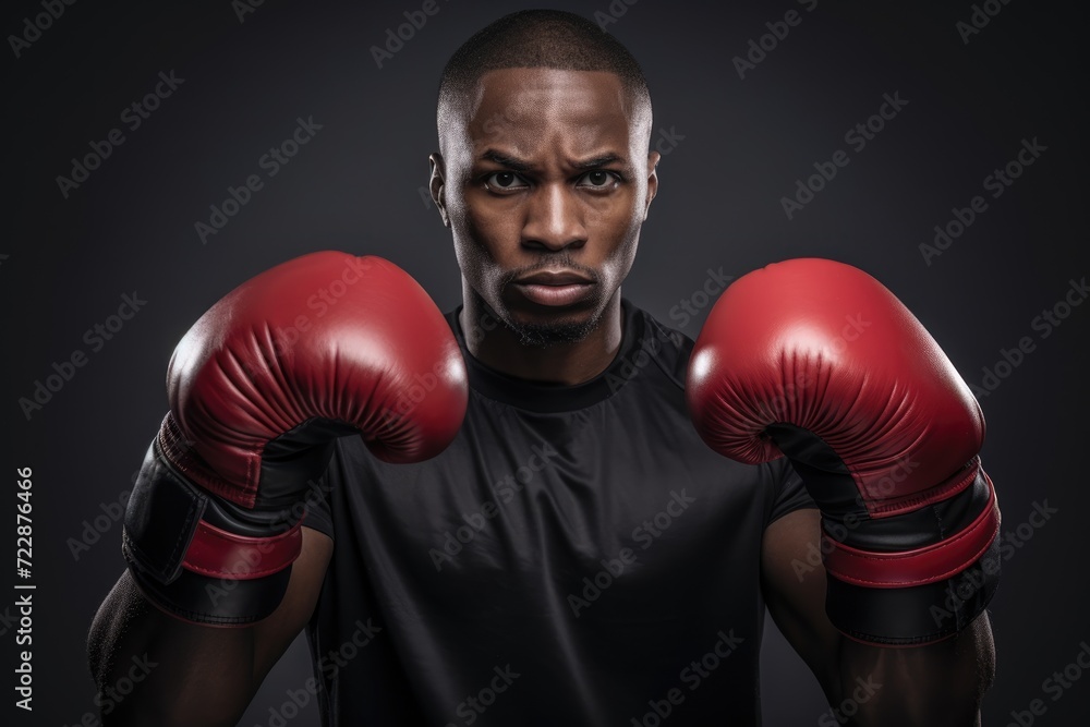 african american man with boxing gloves. Fighter demonstrating classical boxing stance
