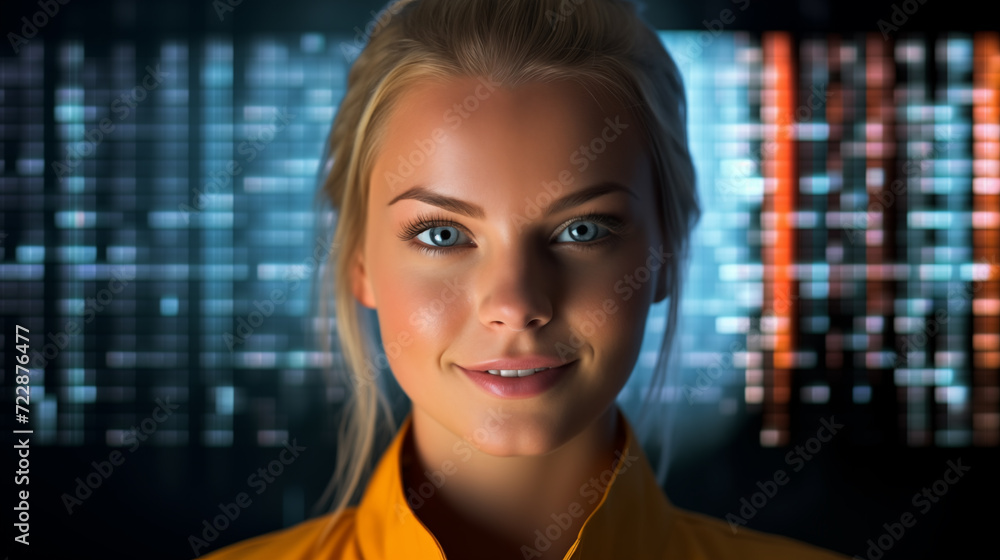 Female computer programmer is working with a hologram digital space Female computer programmer is working with a hologram digital space