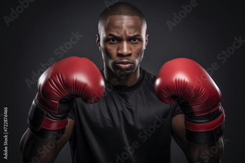 african american man with boxing gloves. Fighter demonstrating classical boxing stance © Anatolii