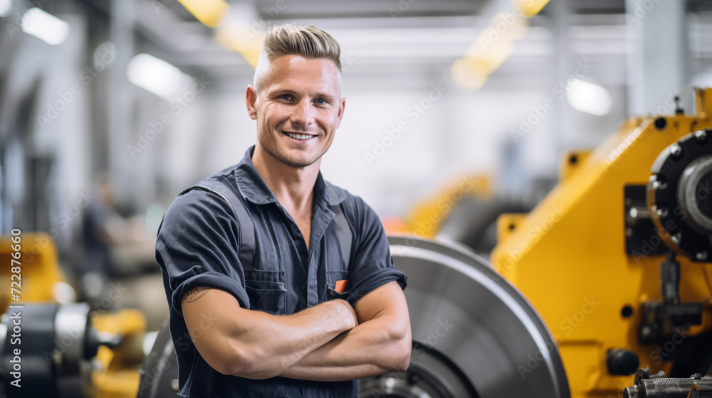 A male mechanical engineer is working in a factory with many machines A male mechanical engineer is working in a factory with many machines
