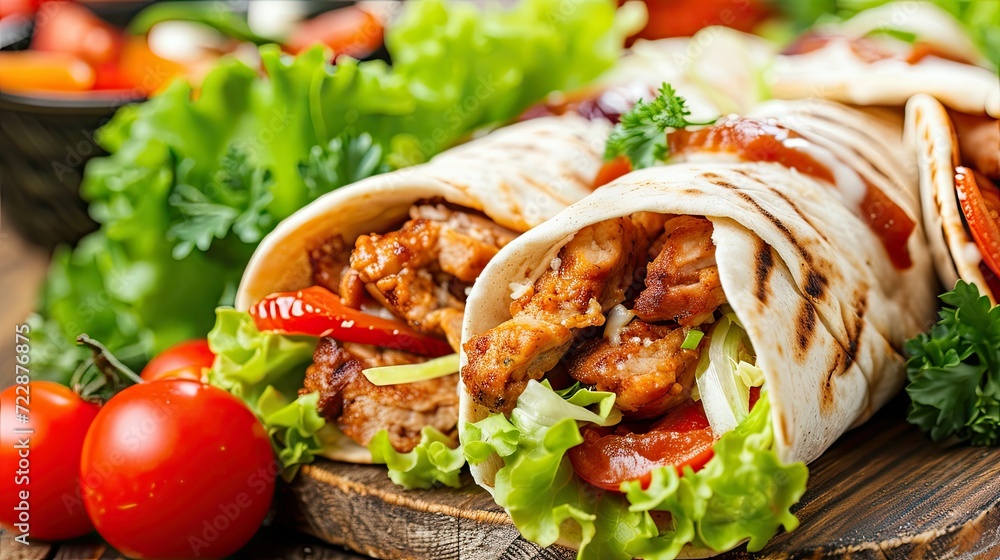 A tantalizing döner wrap filled with crisp lettuce, juicy tomatoes, and tangy pickles. A tantalizing döner wrap filled with crisp lettuce, juicy tomatoes, and tangy pickles.