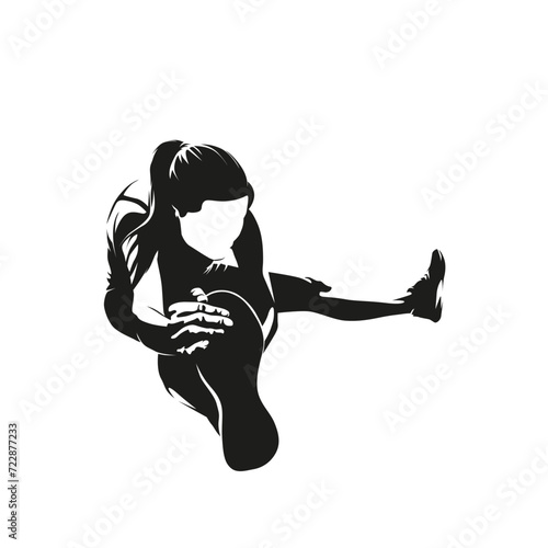 Young woman stretching her legs, taking care of her body.  Isolated vector silhouette, ink drawing