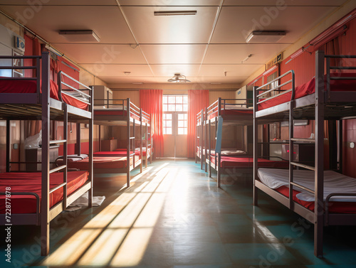 a room with bunk beds and red curtains