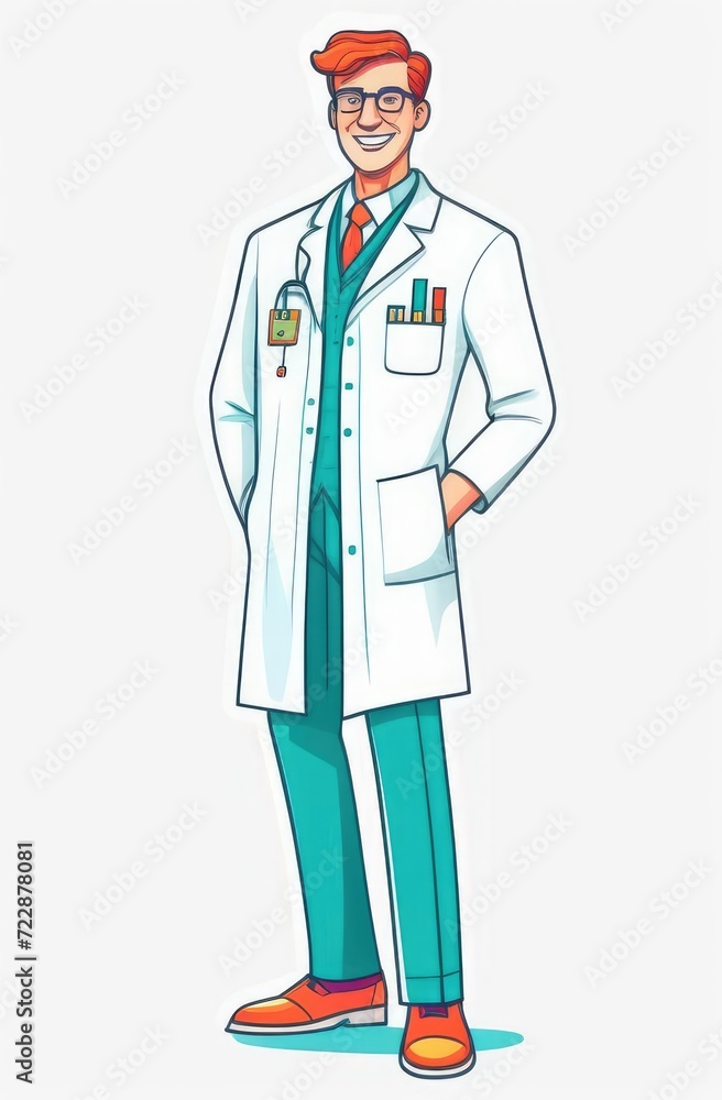 medical personal from hospital. linear illustration of smiling Caucasian doctor on white background medical personal from hospital. linear illustration of smiling Caucasian doctor on white background