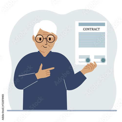 A man holds in his hands a finished sample of a contract with seals.