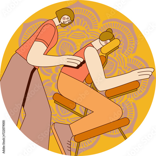 Manual massage and full-body treatment with professional massage therapist in spa. Isolated flat vector illustration in circle shape.