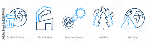 A set of 5 climate change icons as earth pollution, air pollution, solar irradiance