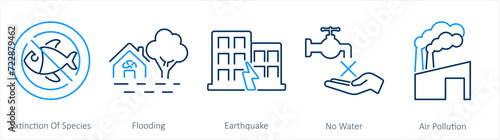 A set of 5 climate change icons as extinction of species, flooding, earthquake