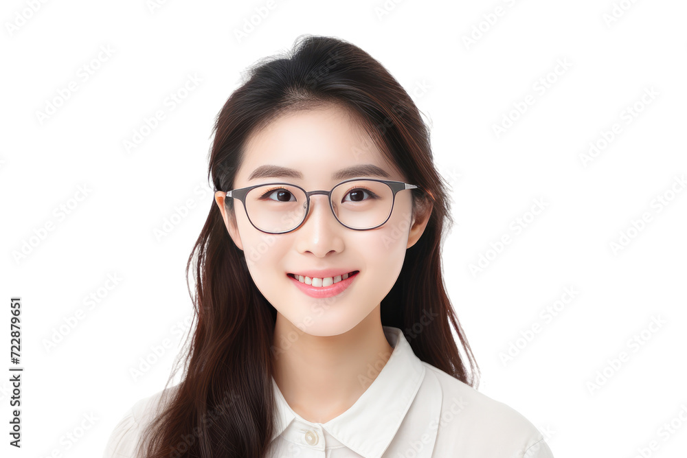 Smiling Japanese Girl with Stylish Glasses Isolated On Transparent Background