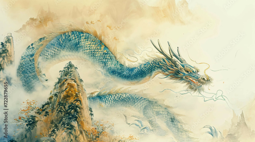 chinese dragon with mountains painting