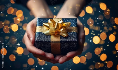 Woman hands holding elegant present gift box with golden ribbon on navy blue background with gold bokeh, Generative AI  © Emotion Gallery