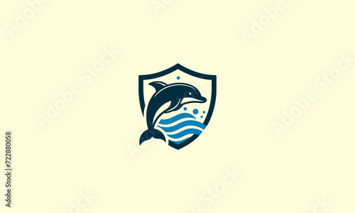 jump dolphin on sea and shield vector logo design