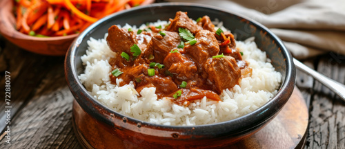 A tantalizing beef curry served over steamed rice, garnished with fresh herbs in a rustic bowl