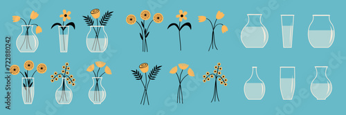 Flower bouquet, vase big set. Glass vases with water. Different yellow flowers. Daisy, rose, tulip, gerbera. Cute icon collection. Ceramic Pottery Glass decoration. Blue background. Flat design