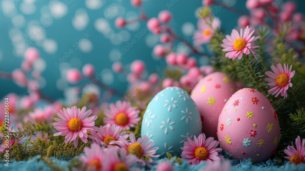 A festive Easter greeting card, with pink and blue Easter eggs, featuring empty space for text