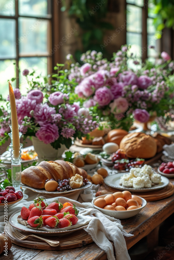 A rustic set of Easter brunch table with beautiful flowers, with a mix of fresh fruits, berries, pastries, artisan bread, and Easter eggs