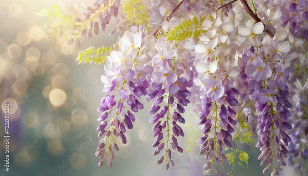 Piękne kwiaty ozdobnego pnącza Wisterii. Tapeta, dekoracja. Generative AI - obrazy, fototapety, plakaty 