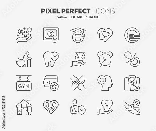 Line icons about employee benefits. Outline symbol collection. Editable vector stroke. 64x64 Pixel Perfect.