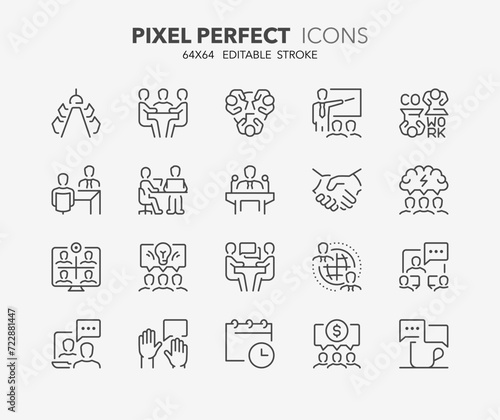Line icons about meeting. Outline symbol collection. Editable vector stroke. 64x64 Pixel Perfect.